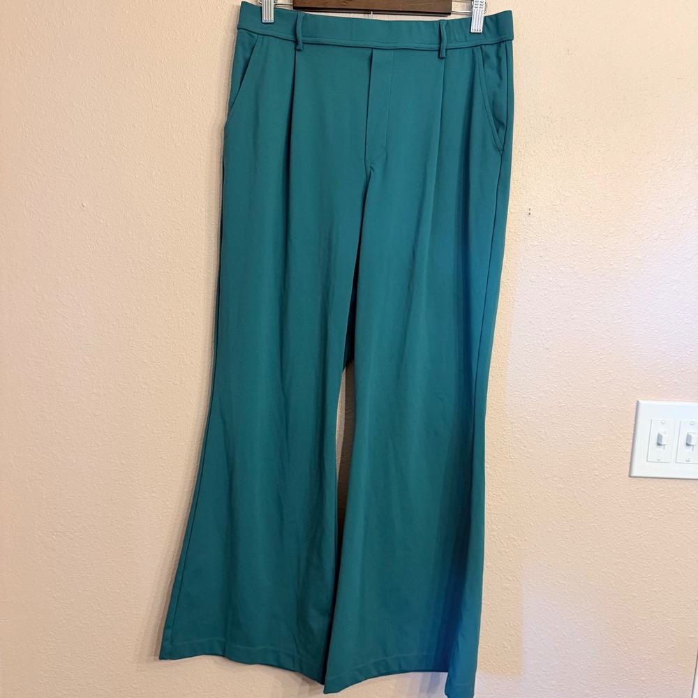 Halara Womens Teal Green High Waisted Wide Leg Pleated Trousers Pants Pockets